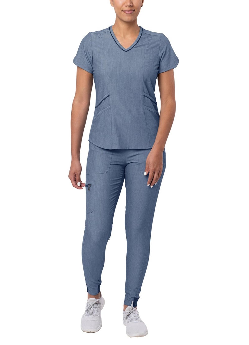 Adar Uniforms Adar Pro Heather Modern Athletic Scrub Set For Women - Modern V-Neck Scrub Top & Yoga Jogger Scrub Pants - P9500H - Heather Navy - XL - Image 1
